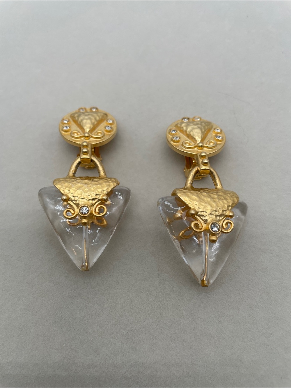 Leslie Block Gold-Tone Clear Lucite Triangle Drop Earrings Rhinestone Accents